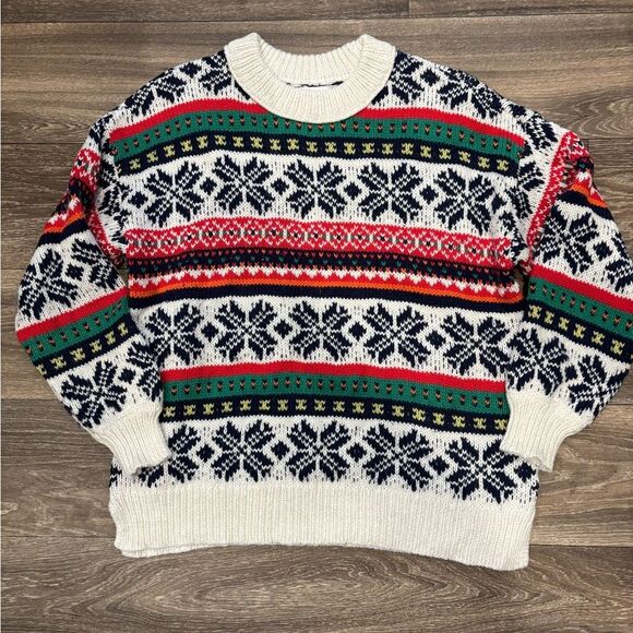Aerie Red and Green Crewneck Sweater with Nordic Snowflakes Size XS Oversized - Picture 1 of 6